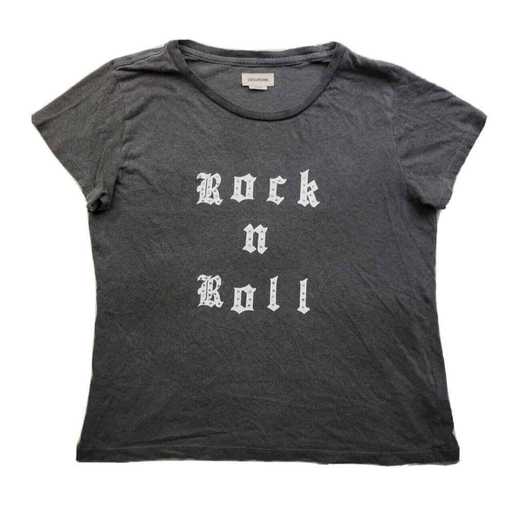 Zadig & Voltaire Women L Gray Stud Tee Rock n Roll T Shirt Slub Cotton Crew Neck